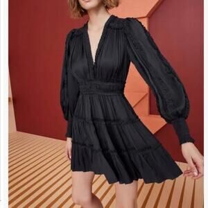 Ulla Johnson, Black Amara Tiered Ruffle Dress, Long Balloon Sleeves, Mini Length